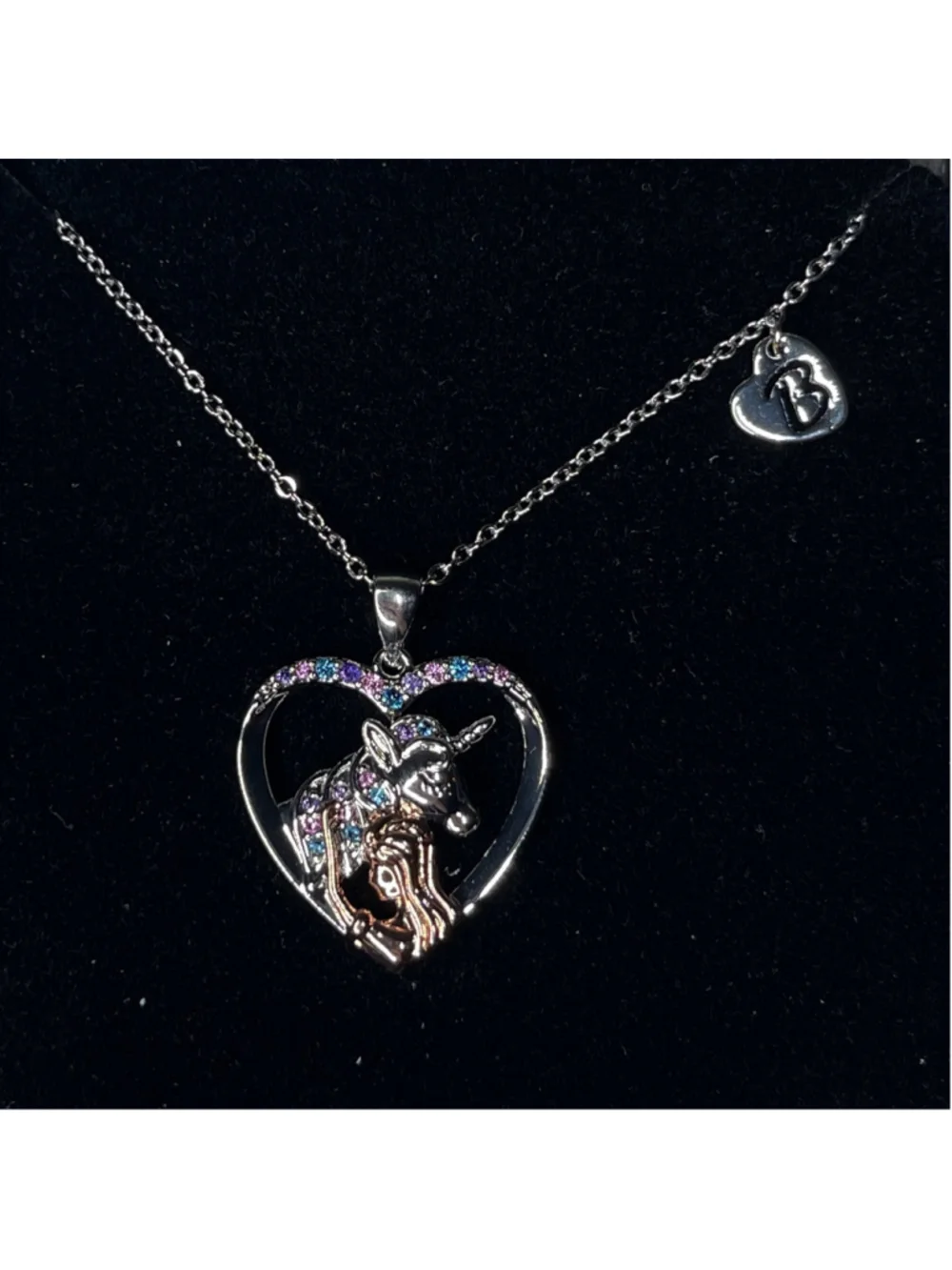 Silver Unicorn Heart Necklace 11” chain B initial